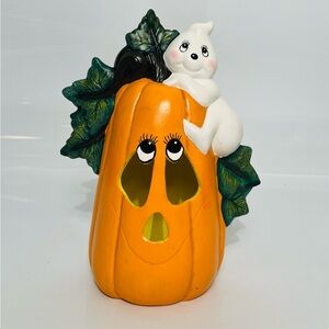Cutest Vintage Halloween Ceramic Light Up Happy Jack-O-Lantern w Friendly Ghost